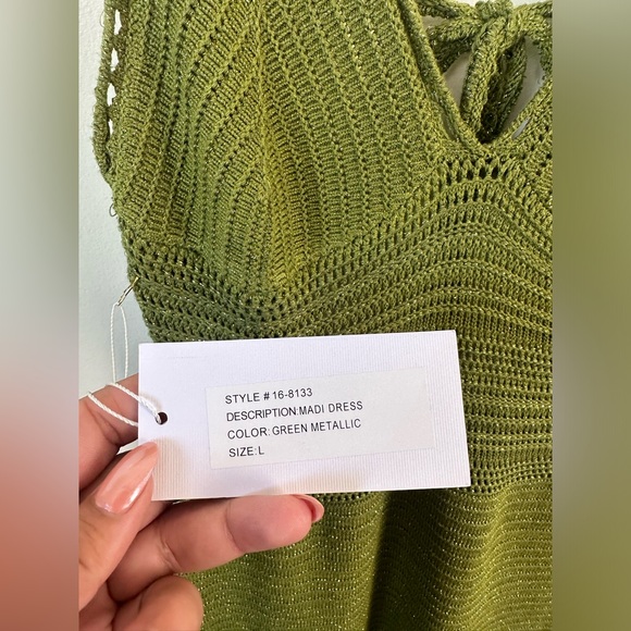 NWT Torn by Ronnie Kobo Madi Metallic Green Crochet Knit Maxi Dress Size Large - Picture 7 of 11